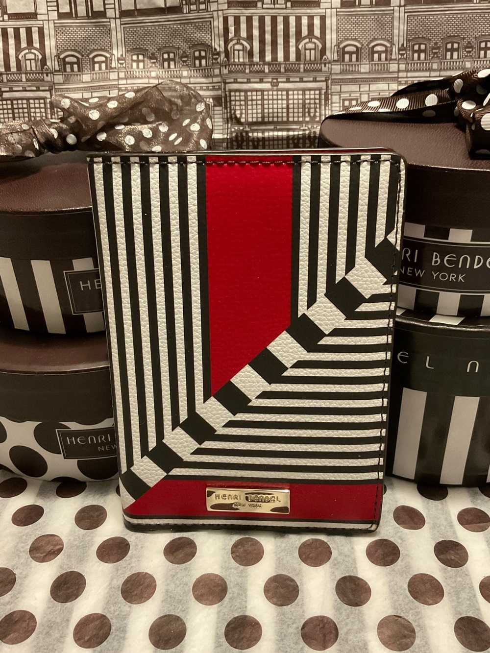 Henri Bendel West 57th Blocked Pattern Passport Cover Red w Centennial Stripes